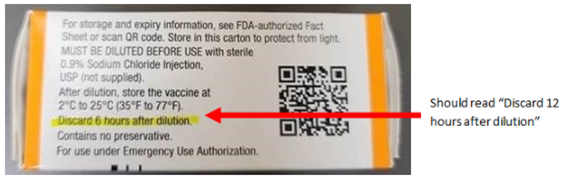 Pfizer orange vial label highlighting the incorrect discard time