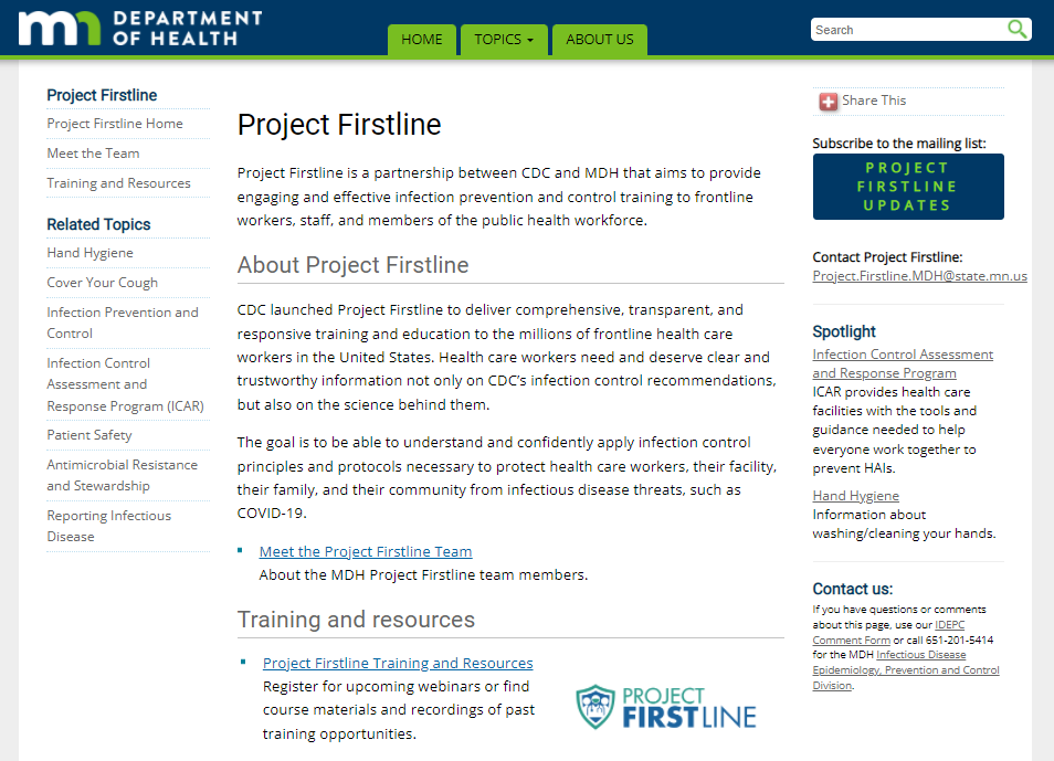 screenshot of Project Firstline home page