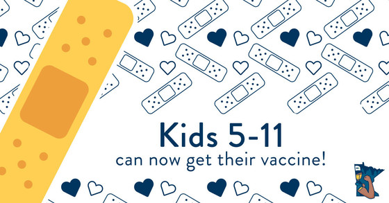 decorative pattern of blue and white bandages, with the message "Kids 5–11 can now get their vaccine!"