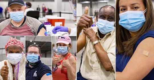 six Minnesotans wearing masks and getting vaccinated