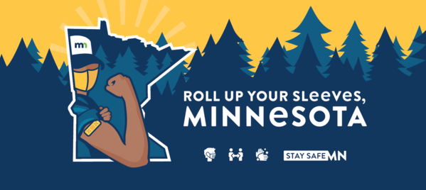 illustration of masked person with arm flexed, with the title "Roll up your sleeves, Minnesota" 