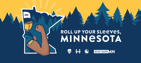 illustration of masked person with arm flexed, with the title "Roll up your sleeves, Minnesota" 