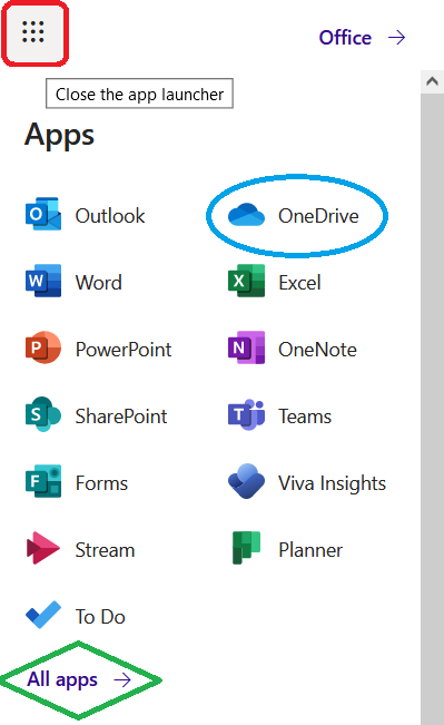 Screenshot of the Office365 waffle menu in a browser window