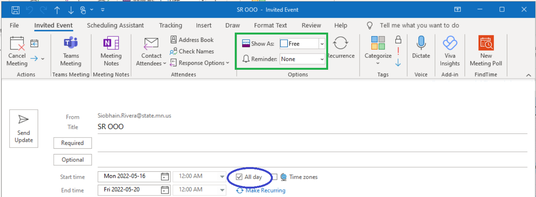 Screenshot of the Outlook Meeting window