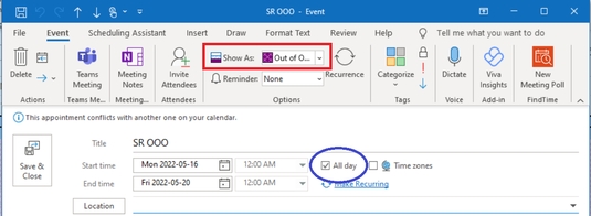 Screenshot of the Outlook Appointment interface
