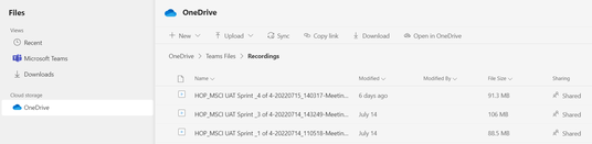 Screenshot of the Teams Files > Recordings folder within OneDrive