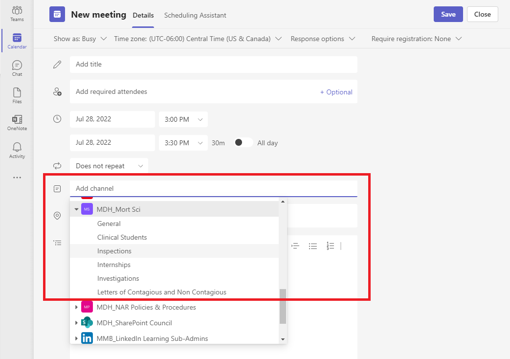 Screenshot of the Teams Calendar New Meeting window showing the Channel dropdown.