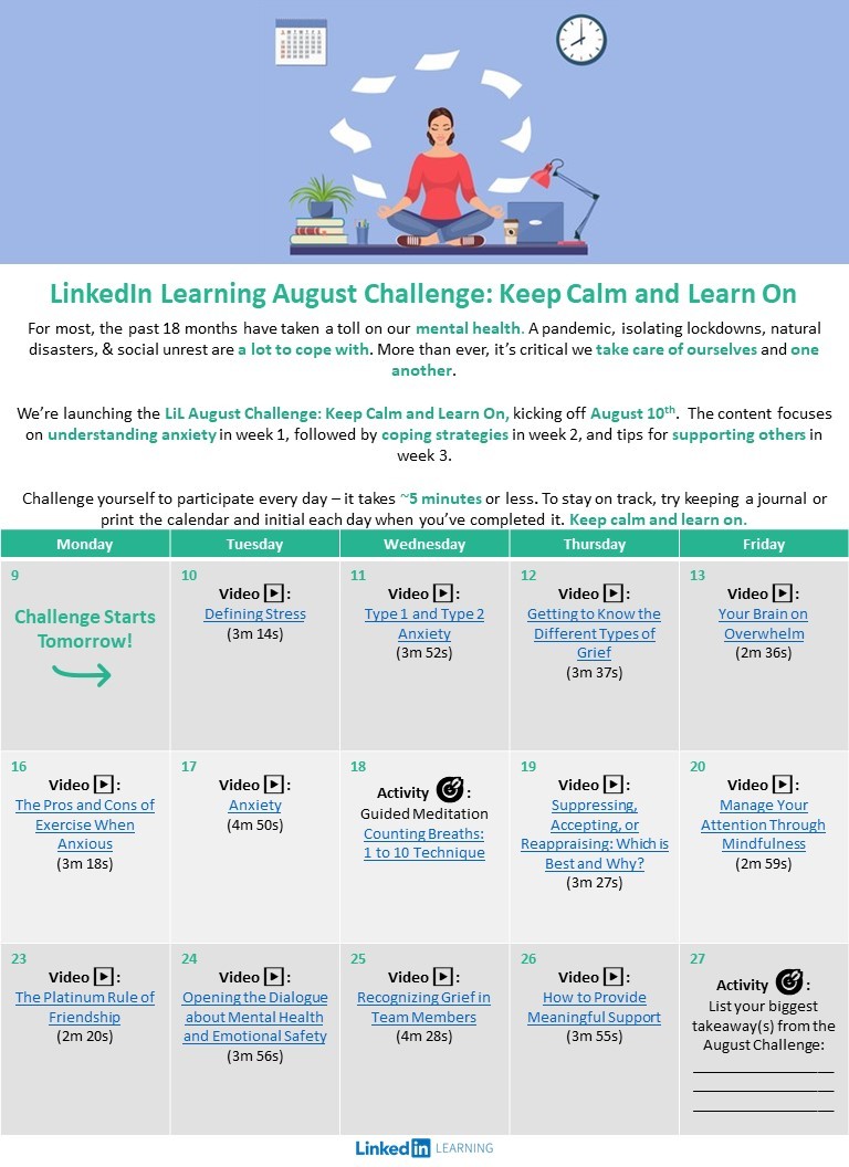 Promotional image for the LinkedIn Learning August Challenge with a calendar of daily videos about mental health