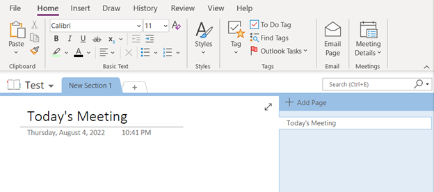 Screenshot of OneNote interface showing a new page titled "Today's Meeting"