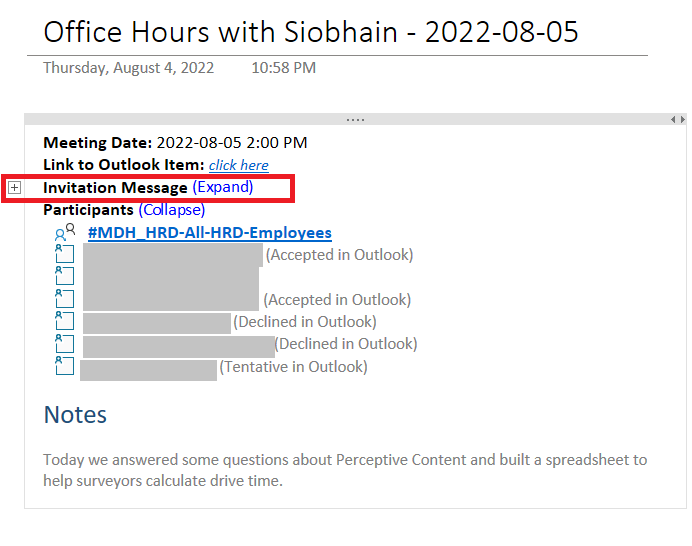 Screenshot of the OneNote interface showing a note page with meeting details filled in 