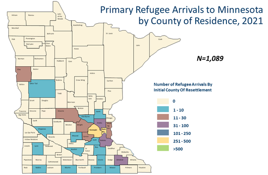 Primary Refugee Arrivals to Minnesota by County of Residence (2021); N=1,089