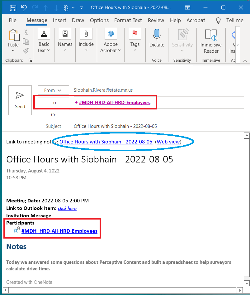 Screenshot of an Outlook message created for a OneNote meeting page. 