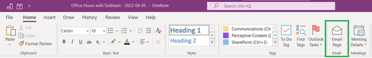 Screenshot of OneNote Home tab with the Email Page button outlined in green.