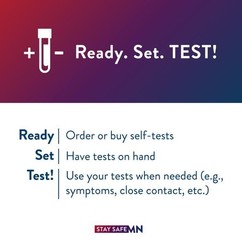 Ready (order of buy self-tests) Set (have tests on hand) Test (use when needed: symptoms, contact, etc.)