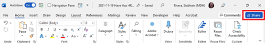 screenshot of the ribbon in Word with the Share button outlined in red.