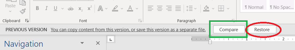 Screenshot of the version history toolbar in a Word document showing the options to compare or restore a file.