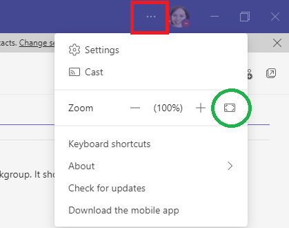 Screenshot of the Teams interface showing how to use the zoom feature and access the settings.