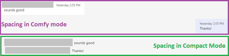 Screenshot showing the differences between the "Comfy" and "Compact" modes available in the Teams Chat settings.