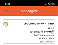screenshot of telewic appointment for app notification