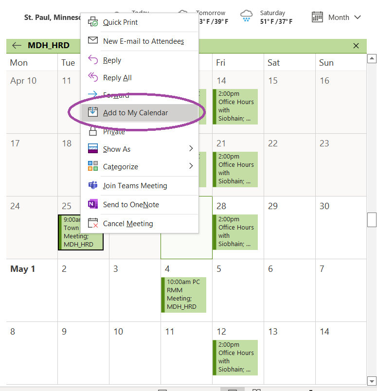 Screenshot of a Teams calendar in Outlook; a meeting has been right-clicked and "Add to Calendar" is circled in purple.