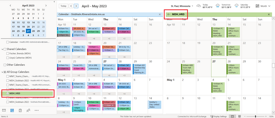 Screenshot of the Outlook Calendar view showing a personal calendar on the left and a Teams calendar on the right. 