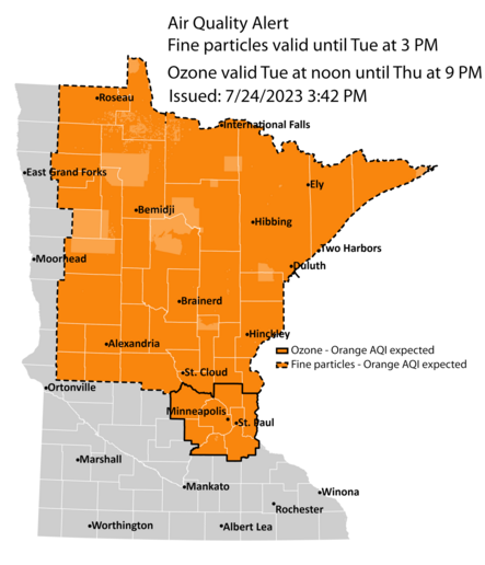 Air quality alert map for 7/24/23