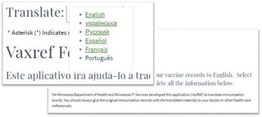 VaxRef screenshot with translate language dropdown and English example behind