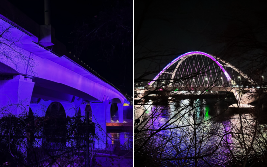 I-35W Bridge and Lowry Avenue Bridge with purple lights