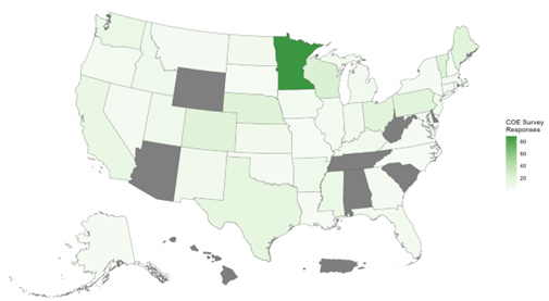 U.S. map of where survey participants are from: all except AL, AZ, DE, HI, SC, TN, WV, WY, and territories are represented