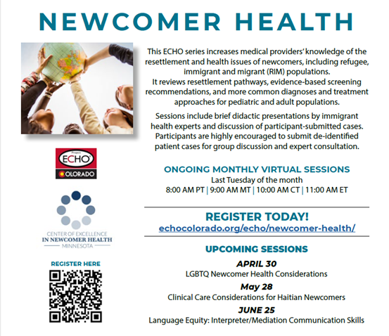 2024 ECHO Colorado Newcomer Health series: Scan QR code to register