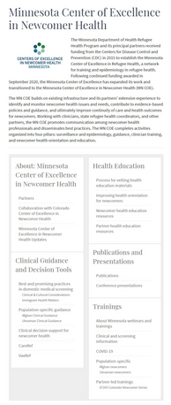 Minnesota Center of Excellence in Newcomer Health website screenshot