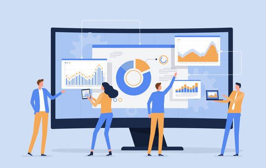 Illustration of people looking at charts and graphs