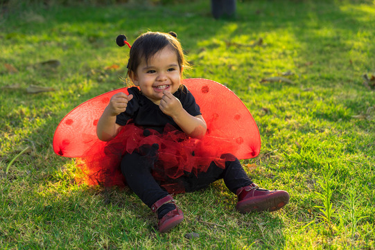 toddler in ladybug costume on ground