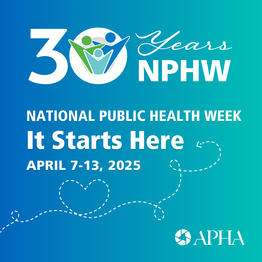 Public health week logo on blue background with 'it starts here' tagline