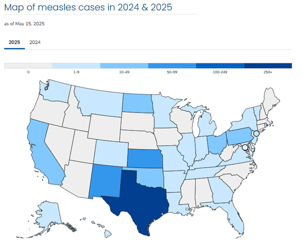 CDC map of measles cases in 2024 & 2025 (as of May 15, 2025)