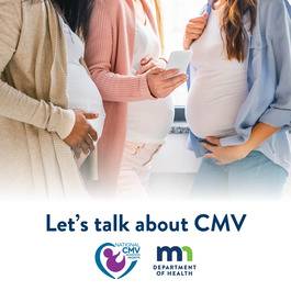 Three pregnant people looking at a phone with "lets talk about CMV" written below