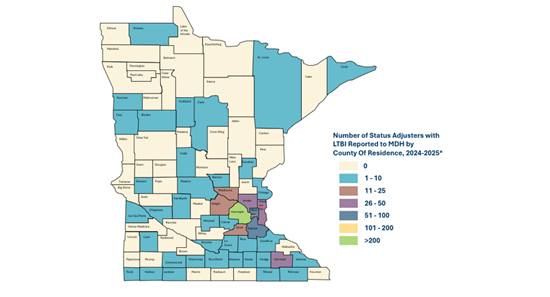 Figure 2. Number of Status Adjusters with LTBI Reported to MDH by County of Residence, January 2025 to June 2025*