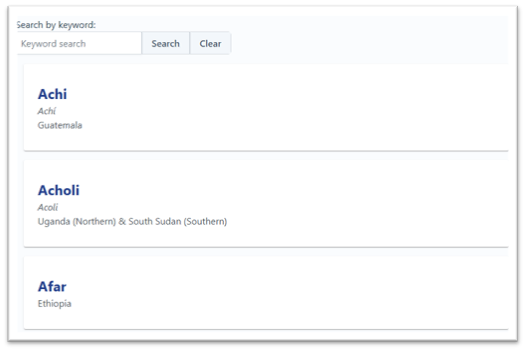LangaugeRef directory with keyword search bar and first three results