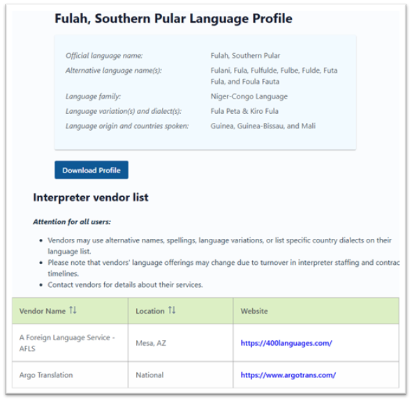 LanguageRef example profile for "Fulah, Southern Pular" with list of vendors