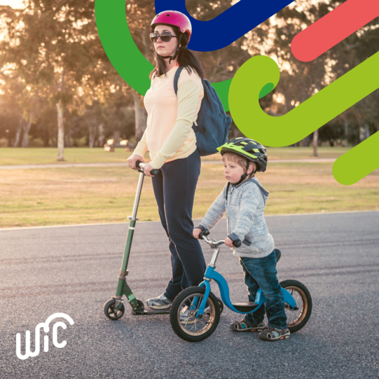 mom and toddler on scooter 