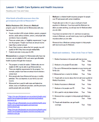 English Language Learners (ELL) Health Curriculum lesson 1 activities screenshot