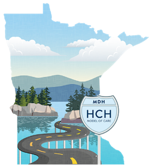 HCH Model of Care, state of MN outline with nature and road images
