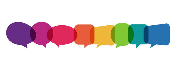 A row of different colored word bubbles.