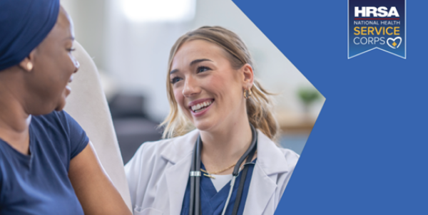 Doctor and patient with a logo for the HRSA Service Corps
