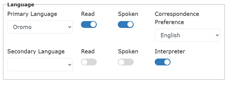 screen shot of language needs in WINNIE