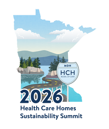 Health Care Homes Sustainability logo 2026, with the state of MN outline with a road over water heading toward rock ledge with trees.