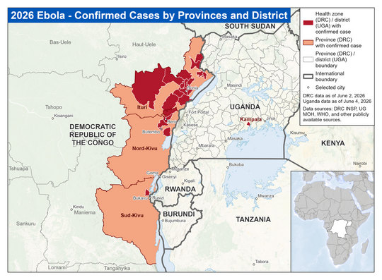 This map highlights the areas in DRC and district in Kampala, Uganda that have confirmed cases of Ebola disease