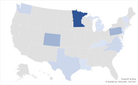 Map of states represented by survey respondents: MN, PA, CO, TX, WA, VA, NC, MI, LA, KY, NJ, CT, VT, NH