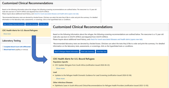 CareRef screenshot of new CDC Health Alerts for U.S.-Bound Refugees section