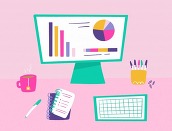 computer screen, pens, notepad, cup